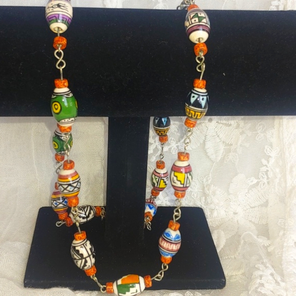 Colombian Hand Painted Clay Bead Necklace - Picture 9 of 13